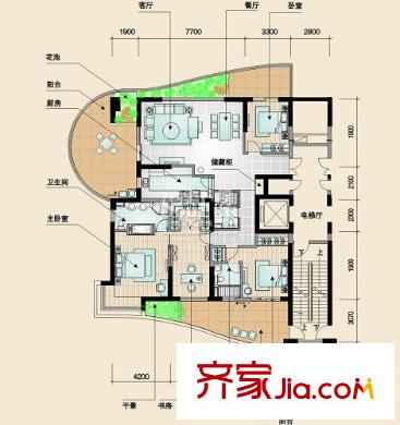 金都漢宮戶型圖二期4棟標(biāo)準(zhǔn)層C-2戶型 4室2廳3衛(wèi)