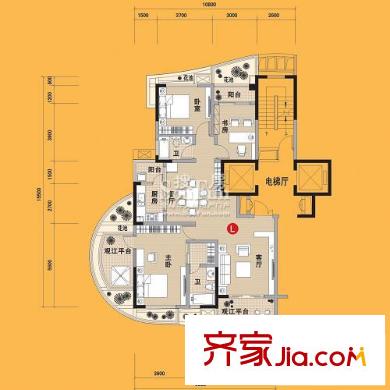 金都漢宮戶型圖二期4棟標(biāo)準(zhǔn)層L-1戶型 3室2廳2衛(wèi)