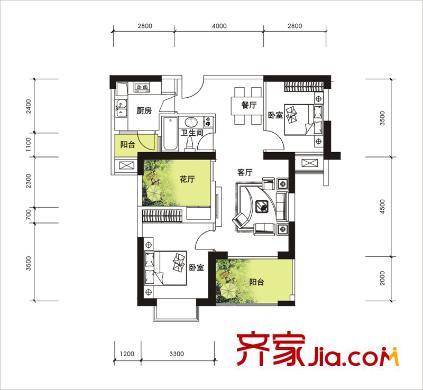 華潤置地中央公園戶型圖二期E2戶型 2室2廳1衛(wèi)1廚