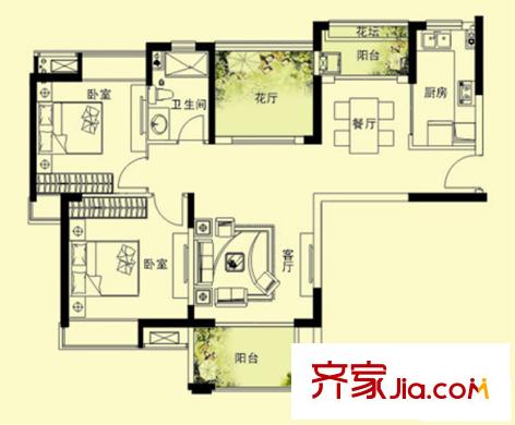 華潤置地中央公園戶型圖二期逸景雅筑戶型 2室2廳1衛(wèi)