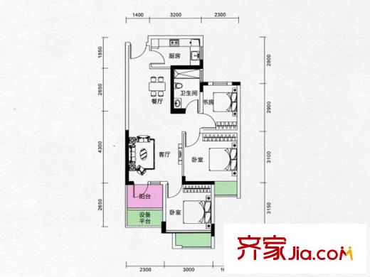 陌陌屋戶型圖2、3、5、6、7、8、9、10、11、12號(hào)樓A戶型 3室2廳1衛(wèi)1廚