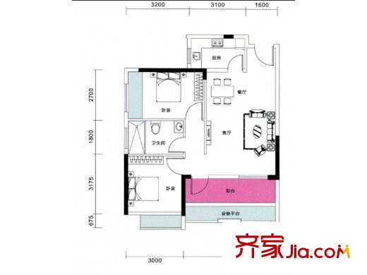 陌陌屋戶型圖1、4、13號(hào)樓E戶型（已售罄） 2室2廳1衛(wèi)1廚