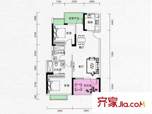陌陌屋戶型圖2、3、6、7、9、10、12號(hào)樓B戶型（已售罄） 2室2廳2衛(wèi)1廚