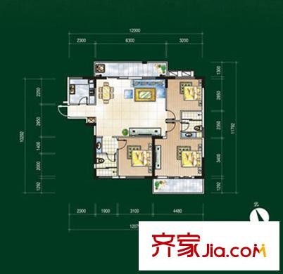 華天明珠花園張公苑戶型圖A-1c戶型 3室2廳2衛(wèi)1廚