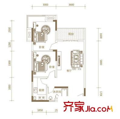 027社區(qū)戶型圖H3 2室2廳1衛(wèi)