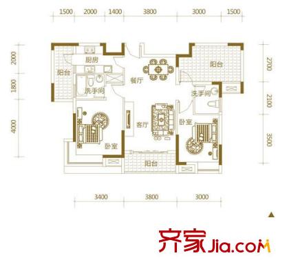 027社區(qū)戶型圖B3 2室2廳2衛(wèi)