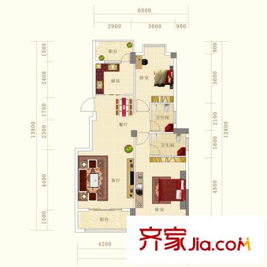 香榭花都戶型圖L戶型 2室2廳1衛(wèi)1廚