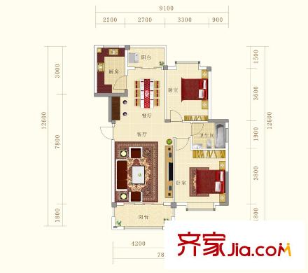 香榭花都户型图k户型 2室2厅1卫1厨