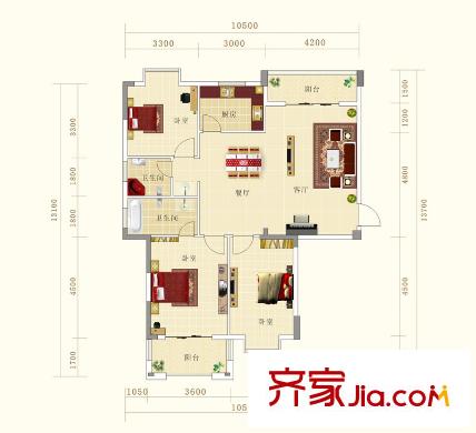香榭花都戶型圖H戶型 3室2廳2衛(wèi)1廚