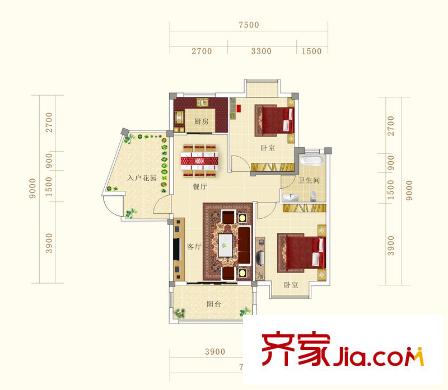 香榭花都戶型圖E戶型 2室2廳1衛(wèi)1廚