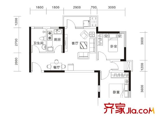 金色港灣雙湖泊岸6號樓A2戶型 2室2廳1衛(wèi)1廚