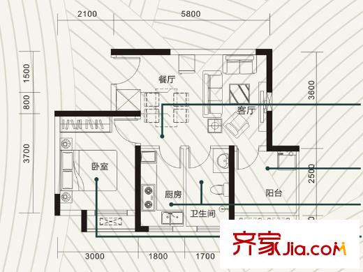 金色港灣雙湖泊岸6號樓A-3戶型 1室2廳1衛(wèi)1廚