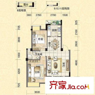 水域天際戶型圖A1 2室2廳1衛(wèi)