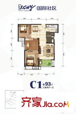 紐賓凱漢city國際社區(qū)K10地塊4號(hào)樓C1戶型 3室2廳1衛(wèi)1廚