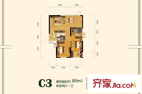 臥龍墨水湖邊7、9、10號樓C3戶型 2室2廳1衛(wèi)1廚