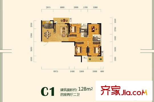 臥龍墨水湖邊7、9、10號樓C1戶型 4室2廳2衛(wèi)1廚