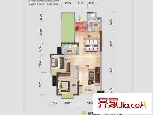 大華南湖公園世家戶型圖B1、B2棟A2戶型 2室2廳1衛(wèi)1廚