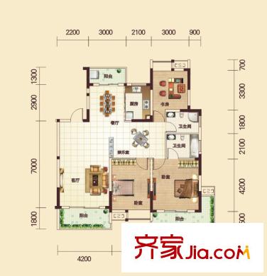 鼎盛華城4號(hào)樓B6戶型 3室2廳2衛(wèi)1廚