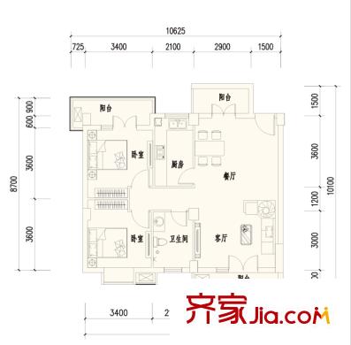 楚邦漢界戶型圖A1戶型 2室2廳1衛(wèi)