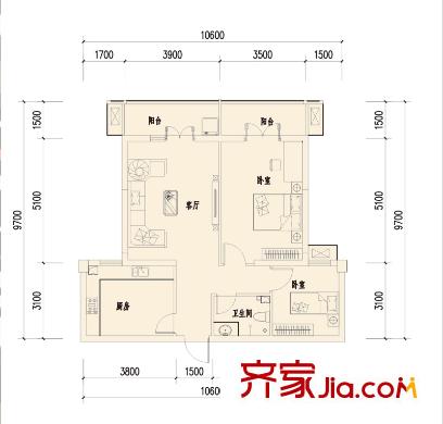 楚邦漢界戶型圖B5戶型 2室2廳1衛(wèi)