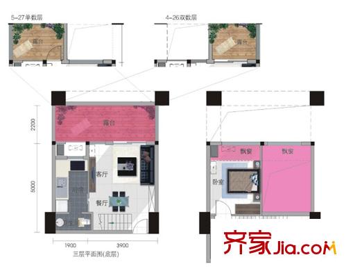 金地國際花園戶型圖三期7棟三層2BS-A復(fù)式戶型圖 1室2廳2衛(wèi)