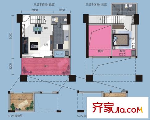金地國際花園戶型圖三期7棟三層2BS-D復(fù)式戶型圖 1室2廳2衛(wèi)