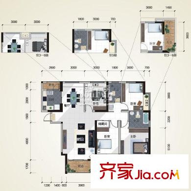 金地國際花園戶型圖一期3號(hào)樓標(biāo)準(zhǔn)層4B戶型 4室2廳2衛(wèi)