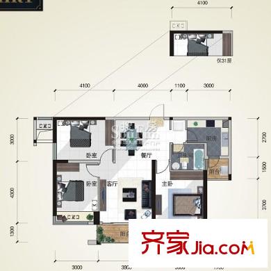 金地國際花園戶型圖一期3號(hào)樓標(biāo)準(zhǔn)層3A戶型 3室2廳1衛(wèi)