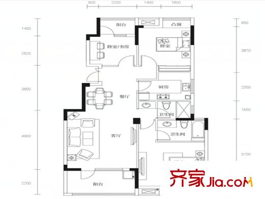百瑞景中央生活區(qū)戶型圖四期1-4號樓B1戶型 110平 
