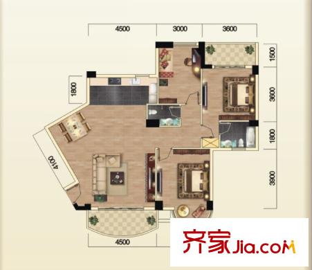海濱城二期麗港新都A戶型 3室2廳2衛(wèi)1廚