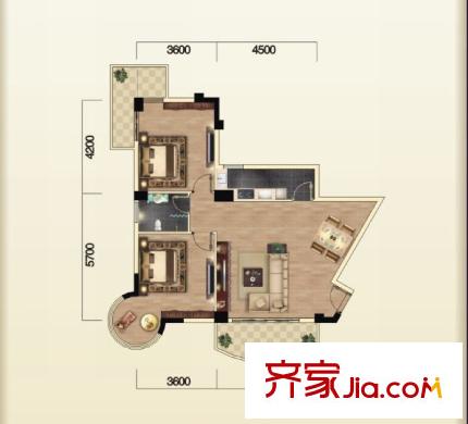 海濱城二期麗港新都E戶型 2室2廳1衛(wèi)1廚