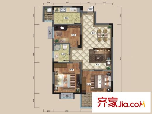 中御公館5#樓E3戶型 3室2廳2衛(wèi)1廚