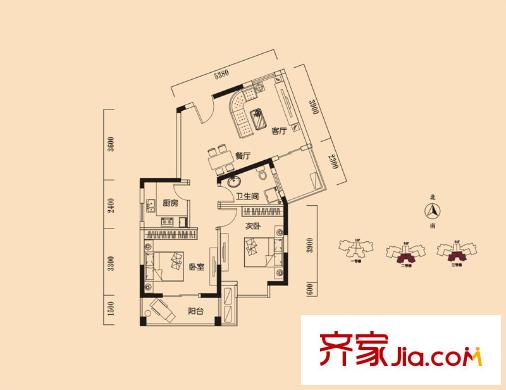 塞納河畔2、3號(hào)樓C戶型 2室2廳1衛(wèi)1廚