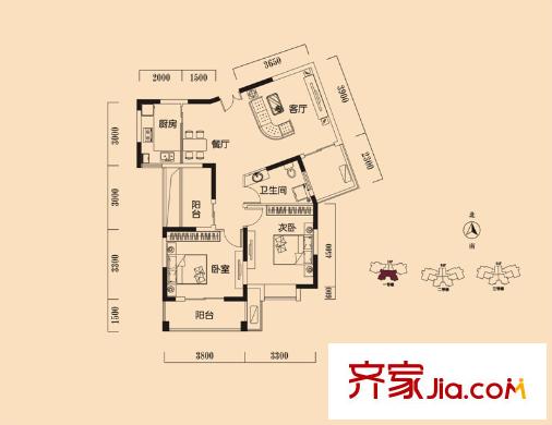 塞納河畔1號(hào)樓E戶型 2室2廳1衛(wèi)1廚
