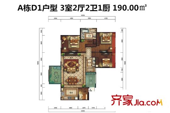 金地京漢1903A棟D1戶型 3室2廳2衛(wèi)1廚