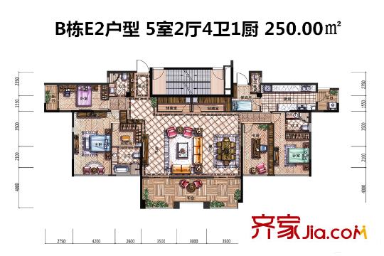 金地京漢1903B棟E2戶型 5室2廳4衛(wèi)1廚