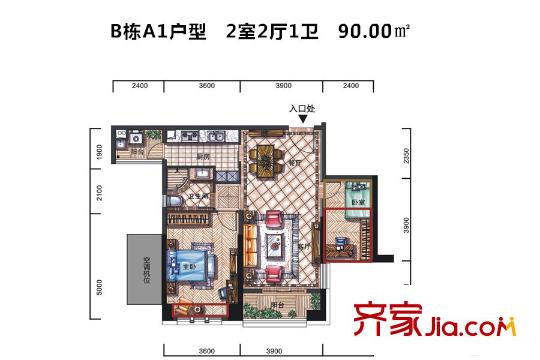 金地京漢1903B棟A1戶型（售罄） 2室2廳1衛(wèi)1廚