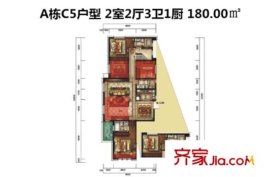 金地京漢1903A棟C5戶型（售罄） 2室2廳3衛(wèi)1廚