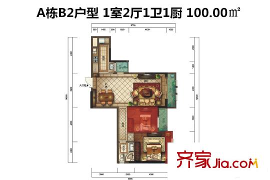 金地京漢1903A棟B2戶型（售罄） 1室2廳1衛(wèi)1廚
