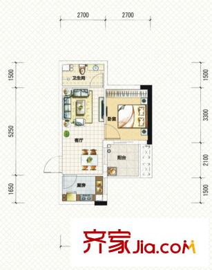 中南國際城二期A2-c戶型 1室2廳1衛(wèi)1廚