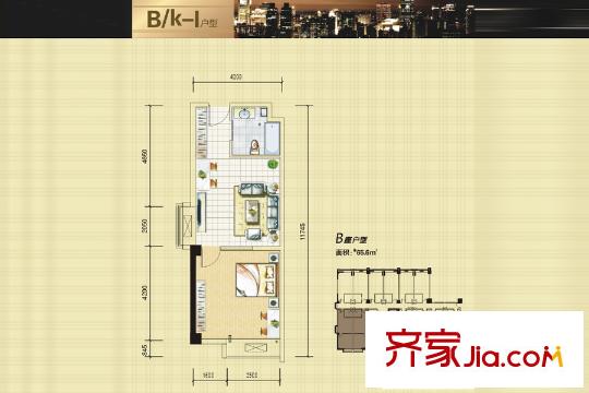 中南國際城二期B號樓K-I戶型 1室1廳1衛(wèi)