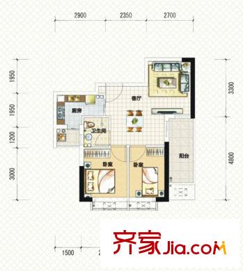 中南國際城二期A2-d戶型 2室2廳1衛(wèi)1廚