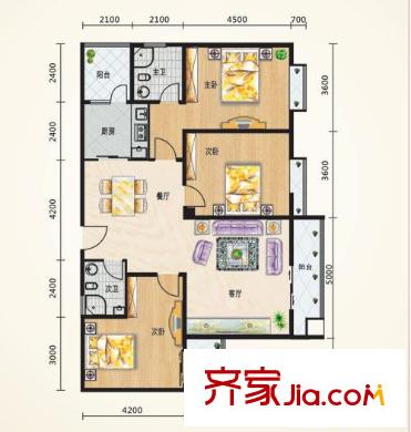 陽(yáng)光美墅戶型圖1#樓H1戶型 3室2廳2衛(wèi)1廚