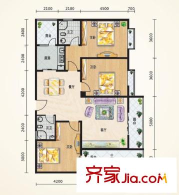 陽(yáng)光美墅戶型圖2#樓H2戶型 3室2廳2衛(wèi)1廚
