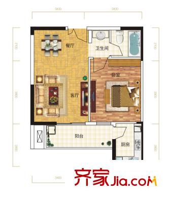 寶安漢水琴臺C戶型 1室2廳1衛(wèi)1廚