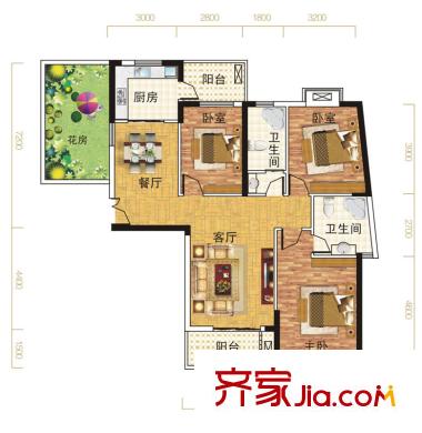 寶安漢水琴臺F戶型 3室2廳2衛(wèi)1廚