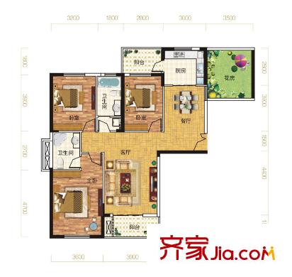 寶安漢水琴臺D戶型 3室2廳2衛(wèi)1廚