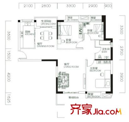 同安家園四期戶型圖D戶型  3室2廳1衛(wèi)