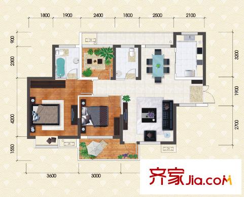 新長(zhǎng)江香榭琴臺(tái)三期B戶型 2室2廳2衛(wèi)1廚