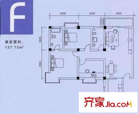 普天居賢院戶型圖F型 2室2廳2衛(wèi)1廚